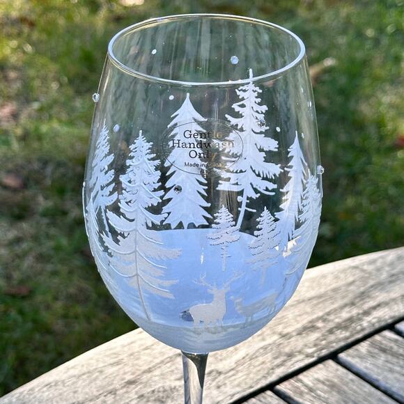 Christmas Tree & Reindeer Stemless Wine Glass 9” Frosted Winter Forest NEW - Picture 2 of 12